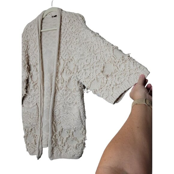 Anthropologie Akemi + Kin Fringe Boho Cardigan Crochet Open Front Cozy Oversized - Picture 6 of 14